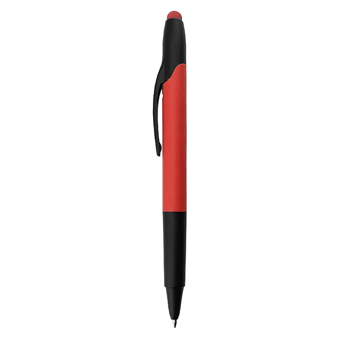 A stylus pen highlighter in red and black, featuring a clip and a rounded tip. It has a logo on the barrel.