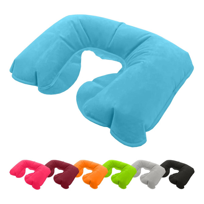 A blue travel neck pillow with a U-shape design, surrounded by options in pink, red, orange, grey, and black.