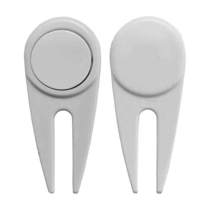 A white plastic golf divot repairer with a rounded top and two prongs at the bottom. It features a logo.