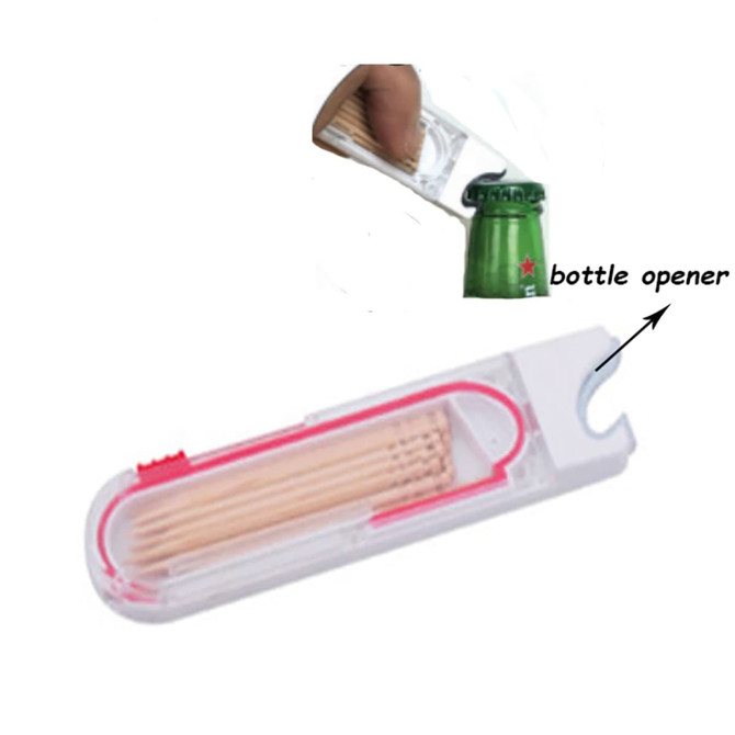 A clear and red toothpick dispenser with a built-in bottle opener on one end.