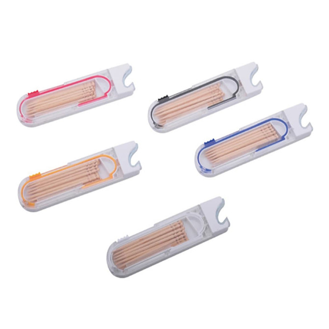 A collection of toothpick dispensers with bottle openers in pink, orange, blue, black, and transparent cases.