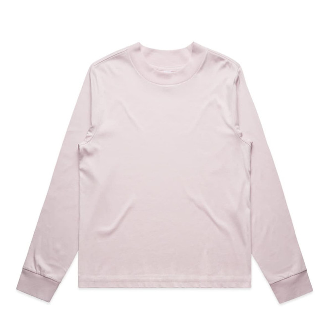A long-sleeved, light mauve T-shirt with a crew neckline and fitted cuffs. It features a logo.