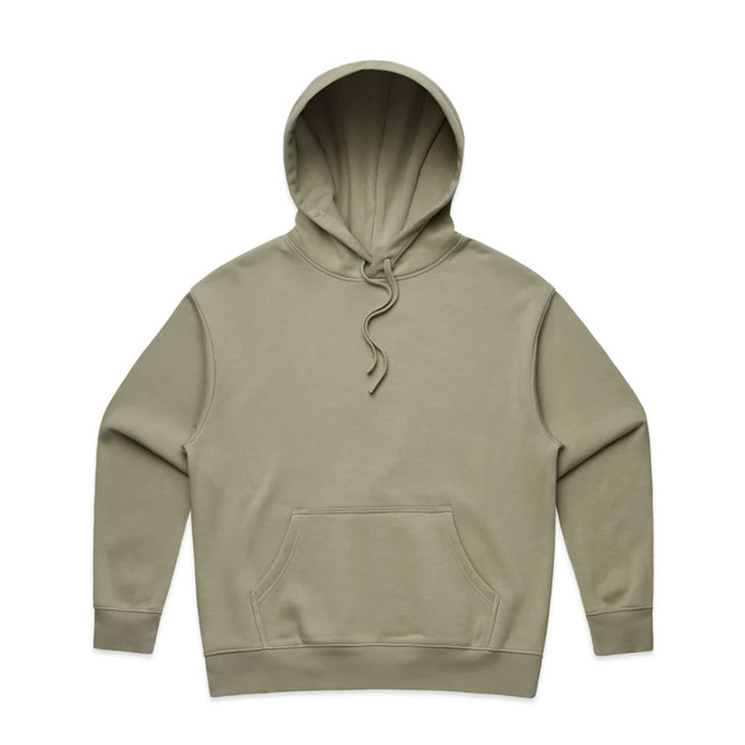 A light olive green hoodie with a front pocket and a hood, featuring a branding logo.