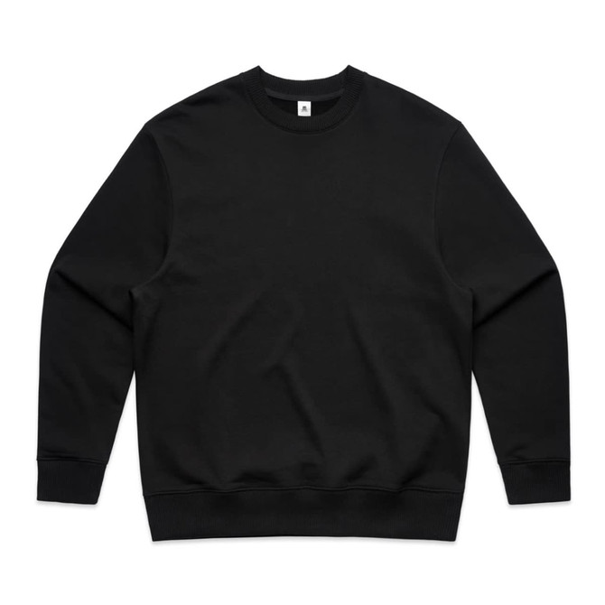 A black sweater featuring a classic crew neck design, with ribbed cuffs and hem, and a small logo.