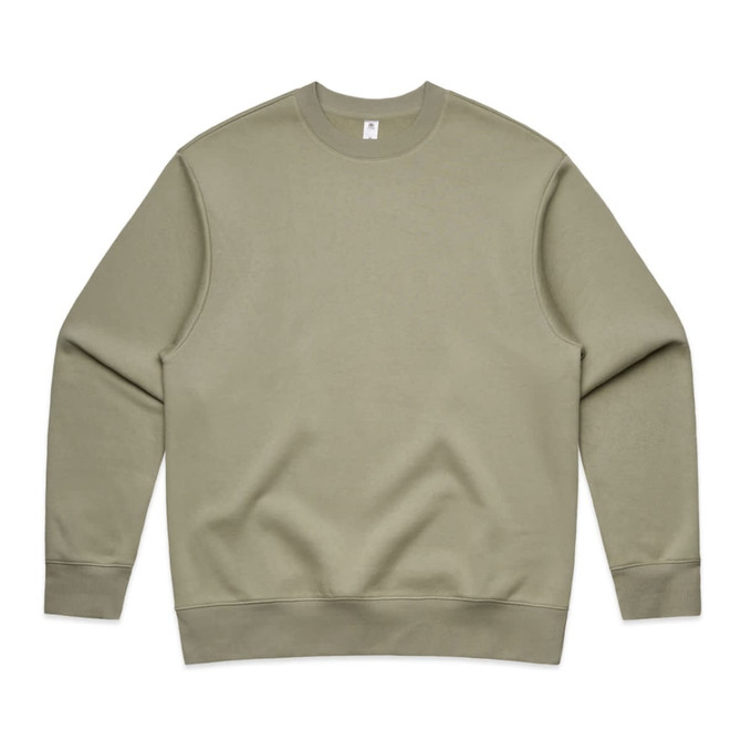 A heavy crew jumper in a muted green colour, featuring a simple design and no visible patterns. It has a logo.