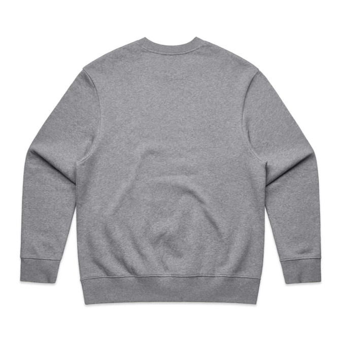 A grey jumper with long sleeves and a round neckline, featuring ribbed cuffs and hem. It has a logo on the back.