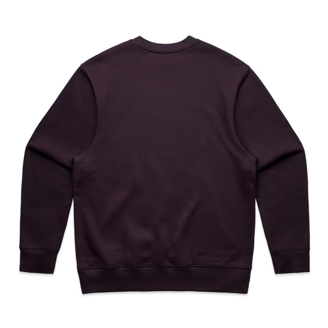 A dark purple sweater with a rounded neckline and long sleeves, featuring a logo on the back. A dark purple sweater with a rounded neckline and long sleeves, featuring a logo on the back.