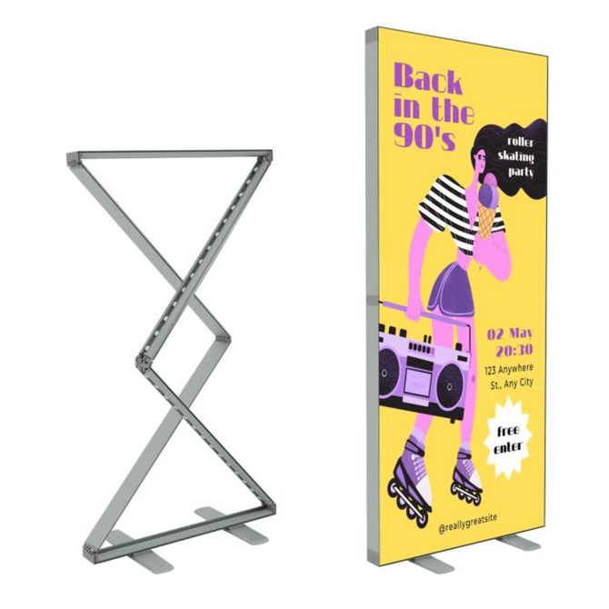 A pop-up light box display featuring a vibrant design with bright yellow, purple, and black colours. It has a supporting frame.