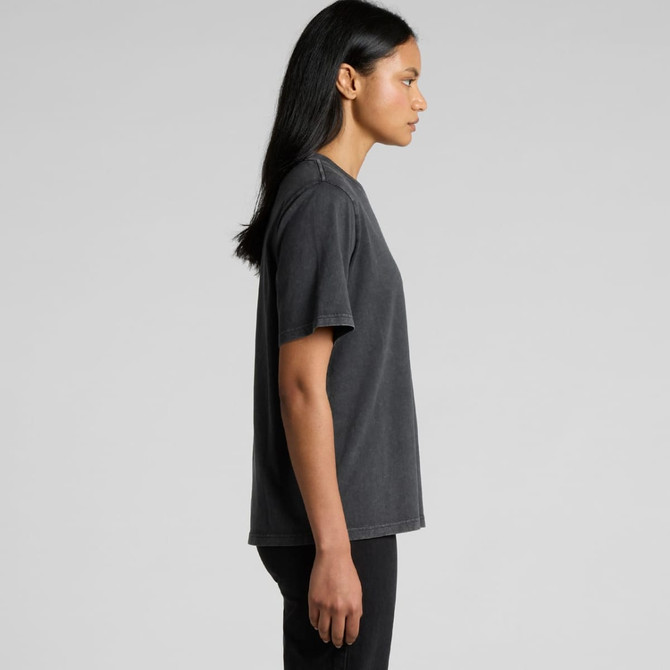 A grey stone wash heavy tee featuring a relaxed fit and short sleeves, displayed from the side.