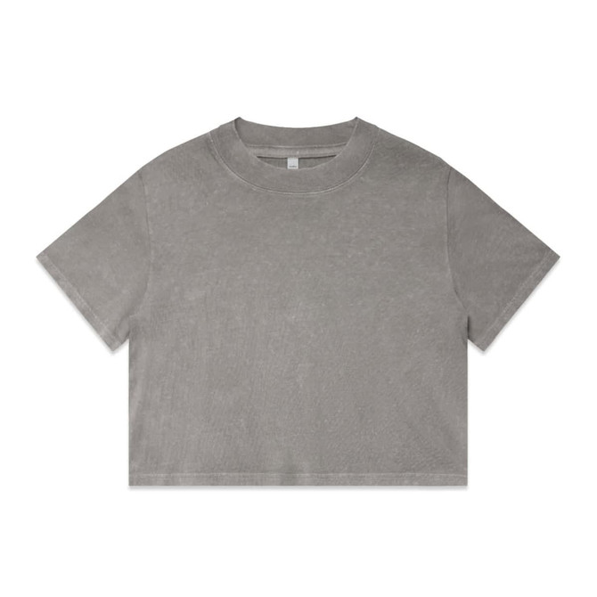A cropped grey T-shirt with a simple design and a round neckline, featuring a branding logo.