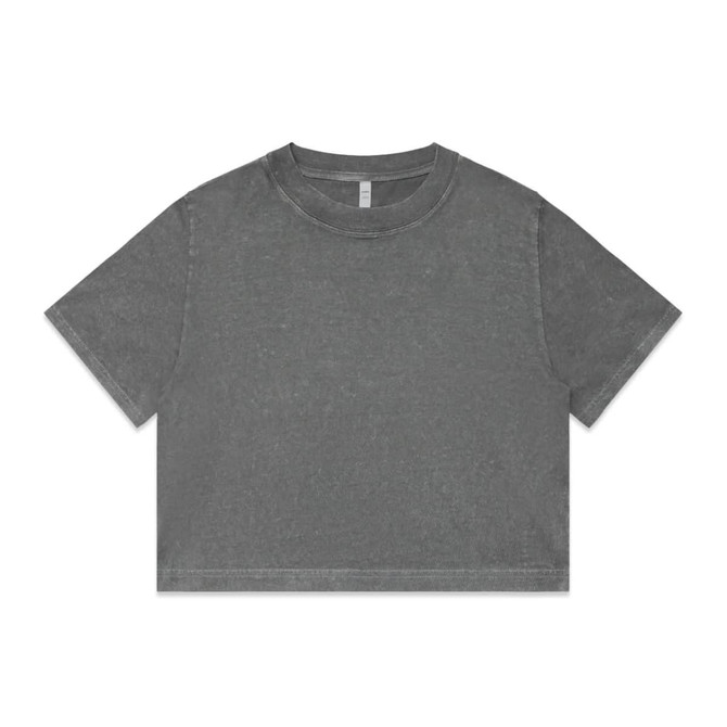 A grey stone wash heavy crop tee with a round neckline and short sleeves, featuring a logo.
