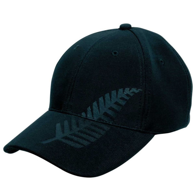 A black cap featuring an embossed silver fern design and a logo on the front.