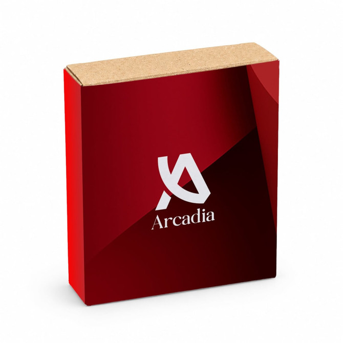 A square red packaging box with a shiny finish and a logo on the front.