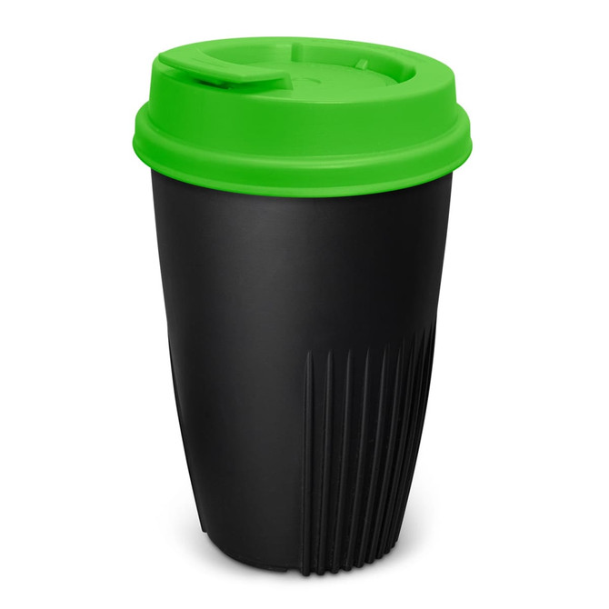 A drink bottle in black with a green lid, featuring ribbed sides and a secure top. It holds 470ml.