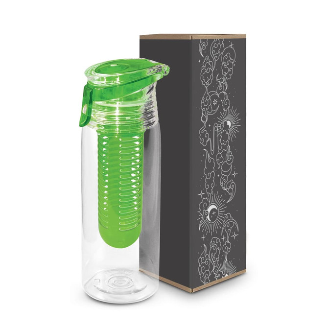 A drink bottle featuring a clear body with a green infuser, packaged in a decorative box.