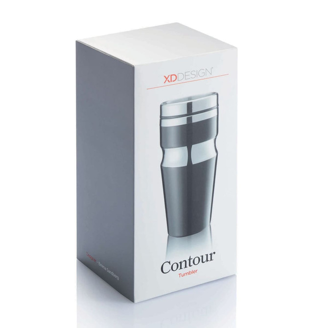A drink bottle in a sleek black and silver design, displayed in a boxed package with a logo.