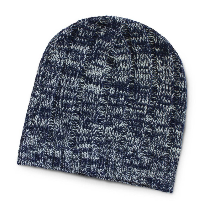 A knitted beanie in navy blue with a heathered texture. It features a logo on the side.
