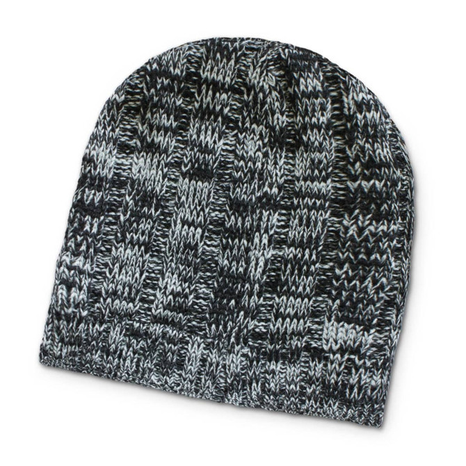 A black and grey knit beanie with a textured pattern and a small logo.