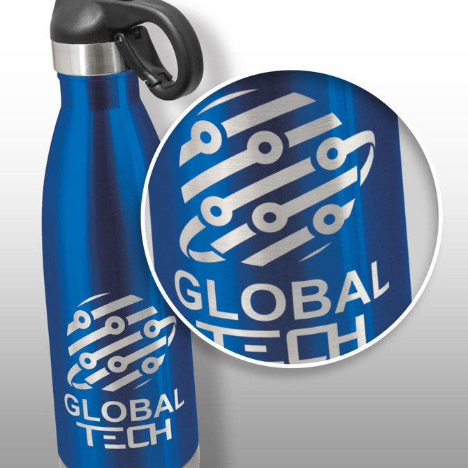 A drink bottle with a sleek blue finish, featuring a flip lid and a logo.