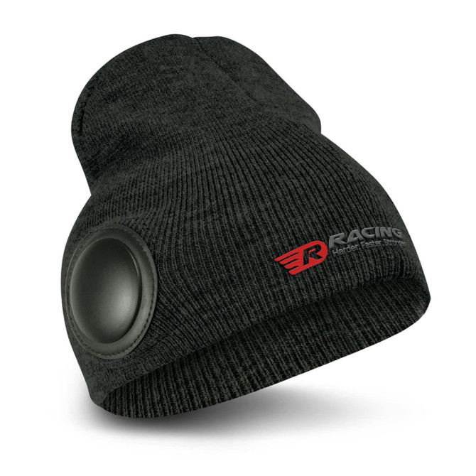 A black knitted beanie featuring a circular speaker and a logo on the side.