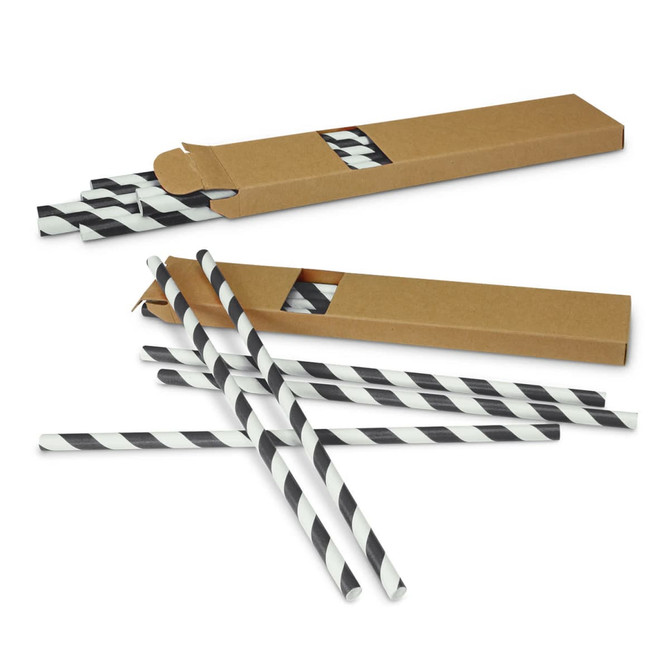 Paper drinking straws in black and white stripes, packaged in a brown cardboard box. The box has an opening revealing the straws inside.
