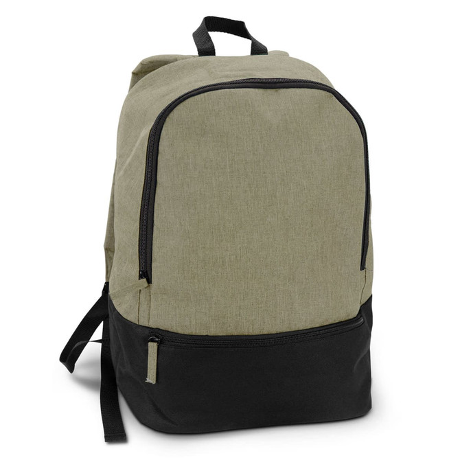 A green and black backpack with a large front pocket and logo, featuring adjustable straps and a sturdy design.