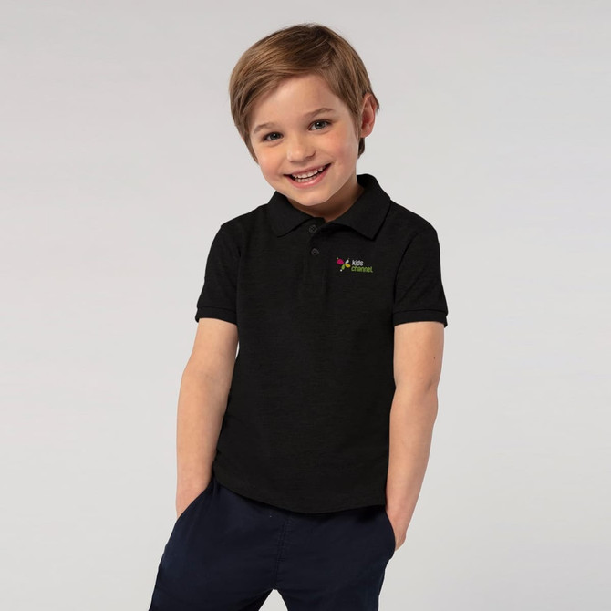 A black polo shirt designed for kids, featuring a small logo on the chest.