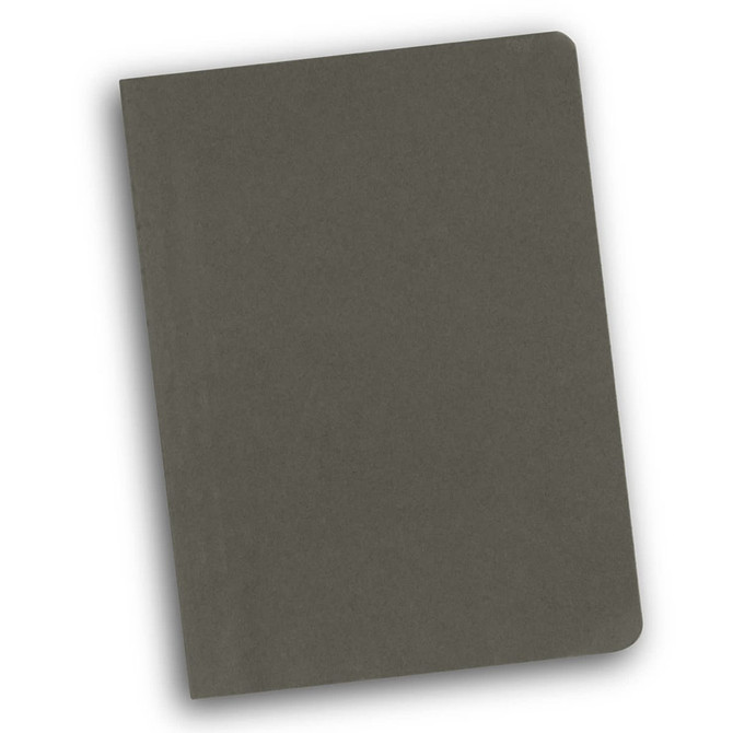 A soft cover notebook in a muted green colour, featuring a plain design and a logo on the front.