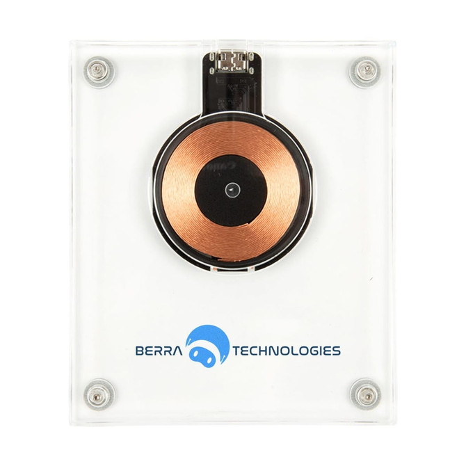 A crystal wireless charger with a circular copper charging pad and a transparent casing, featuring a logo.