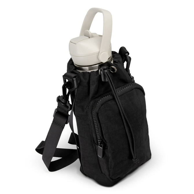 A drink bottle bag in black, featuring a handle and adjustable strap, with a zippered pocket on the side.