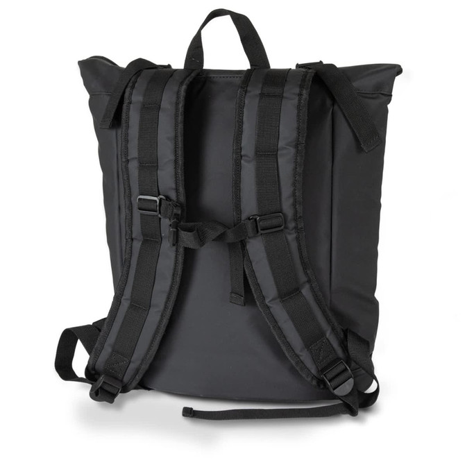 A black cooler toting backpack featuring padded straps and an adjustable chest buckle. It has branding on the back.