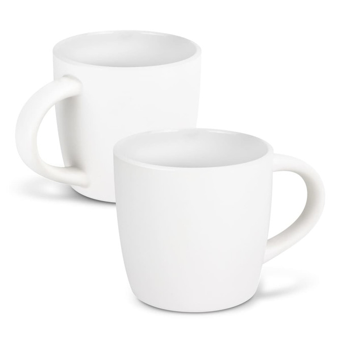 A mocha coffee mug in a two-tone design featuring a smooth white exterior and a contrasting inner colour.