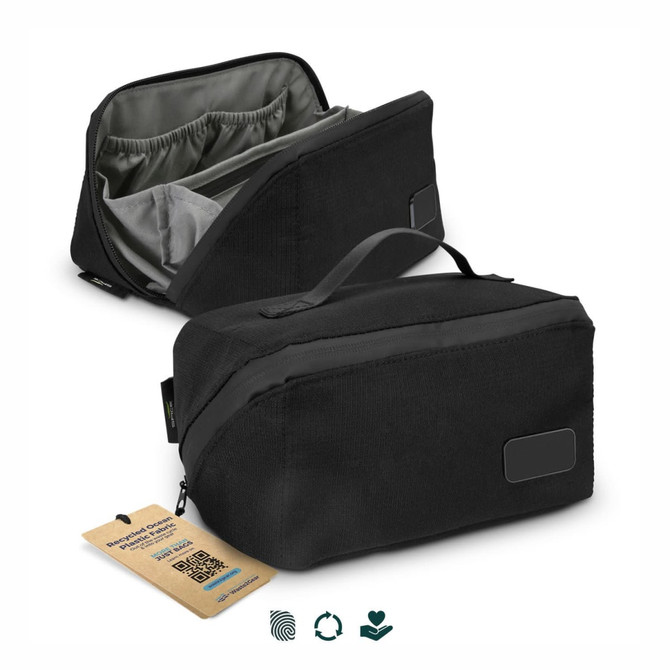 A black toiletry bag with a grey interior, featuring compartments and a zip closure. It includes a brand logo.