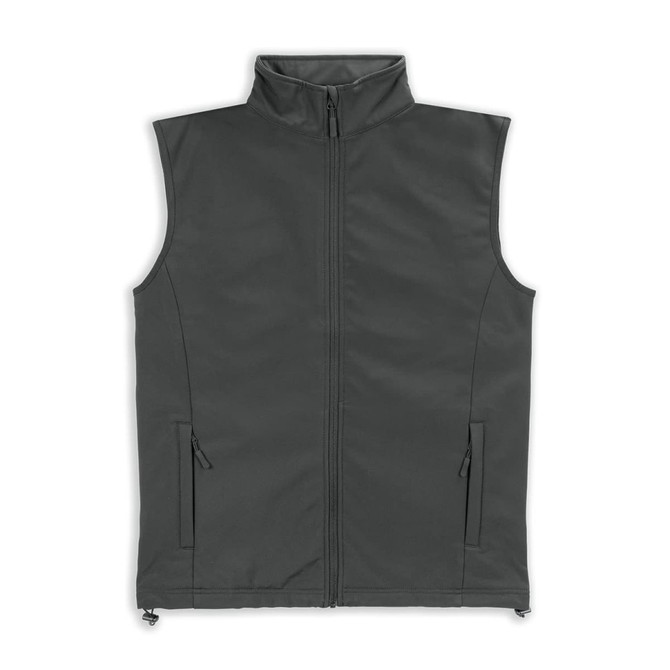 A grey men's vest with a high collar, featuring front zip closures and side pockets.
