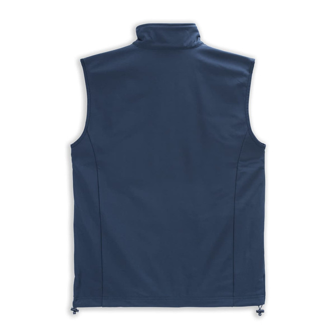 A navy blue men's vest with a high collar and no sleeves, featuring a logo on the back.