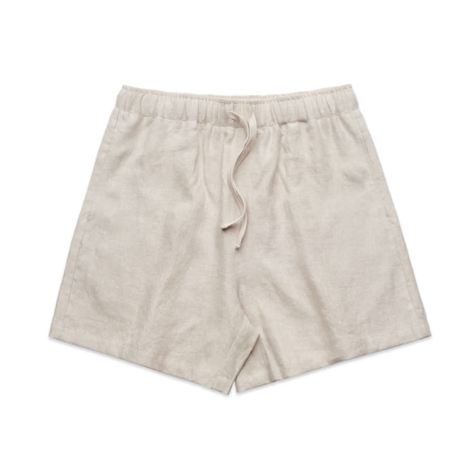 Linen shorts in a light beige colour, featuring an elastic waistband and drawstring detail.