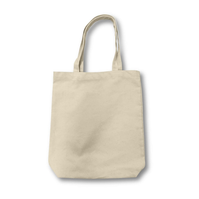 A beige 450gsm Hawaiian canvas tote bag with two handles and a plain design, featuring a logo.