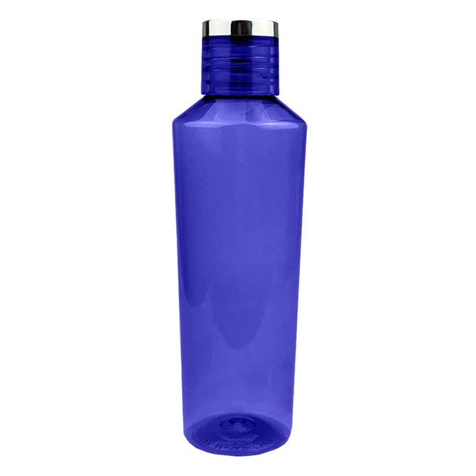 A drink bottle in translucent blue with a silver lid, featuring a logo on the side.
