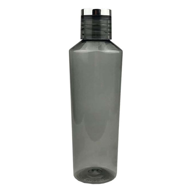 A drink bottle in translucent grey plastic with a silver cap and a sleek design. Features a logo on the surface.