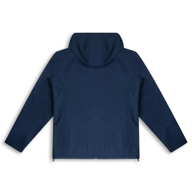 A navy soft shell jacket with a hood, featuring a logo on the back.