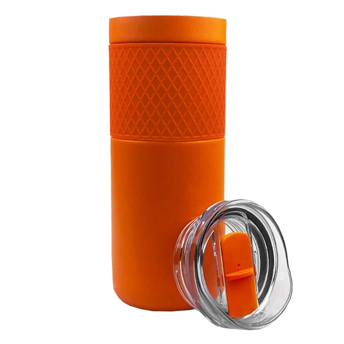 An orange vacuum tumbler with a textured sleeve and a clear lid, featuring a sliding opening.