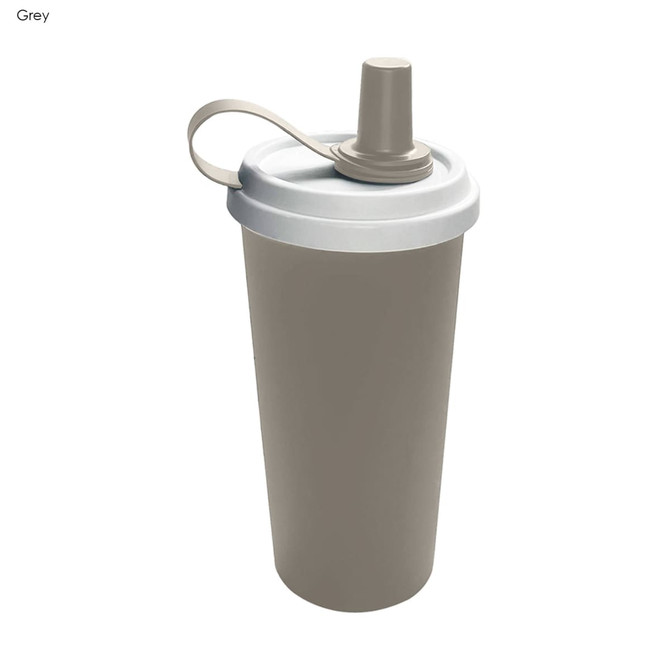 A drink bottle featuring a grey body and a white lid with a sipping spout, complete with a handle.