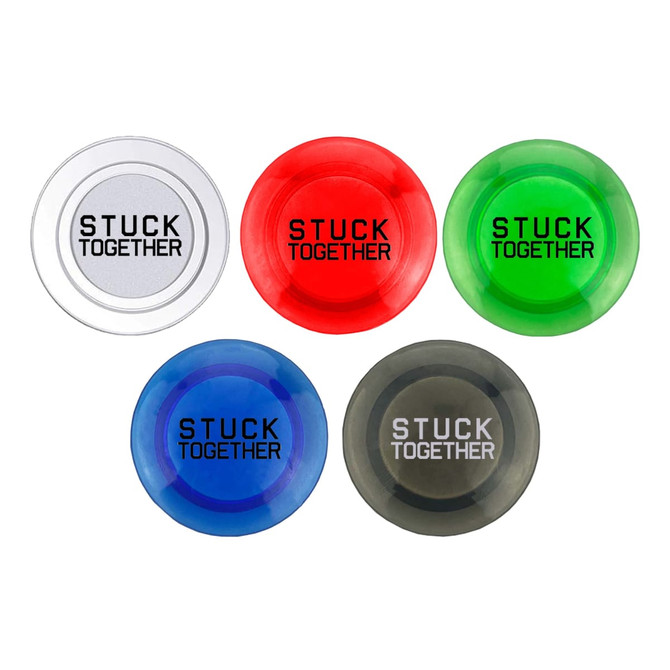 A collection of five plastic button magnets in white, red, green, blue, and black, all featuring a logo.