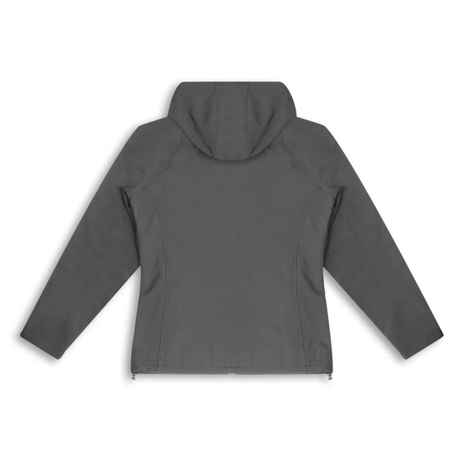 A grey soft shell jacket designed for women, featuring a hood and a sleek, minimalistic design on the back.