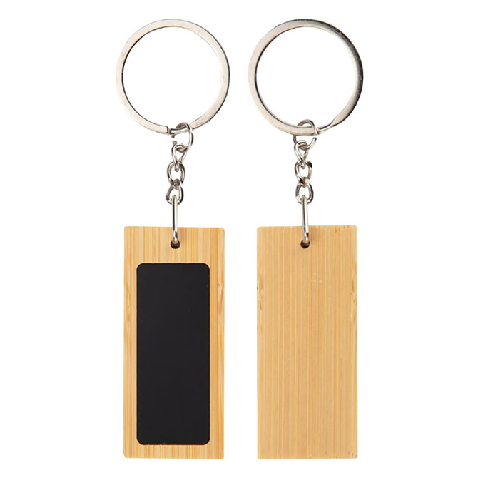 A rectangular bamboo keyring featuring a natural bamboo finish and a black insert, attached to a silver metal ring.