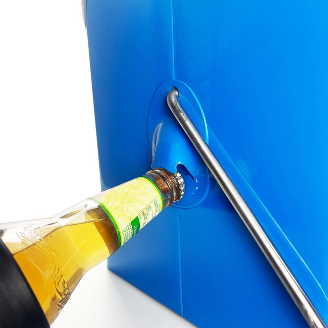 A blue metal ice cooler box with a drink bottle partially inserted into a bottle opener attachment.
