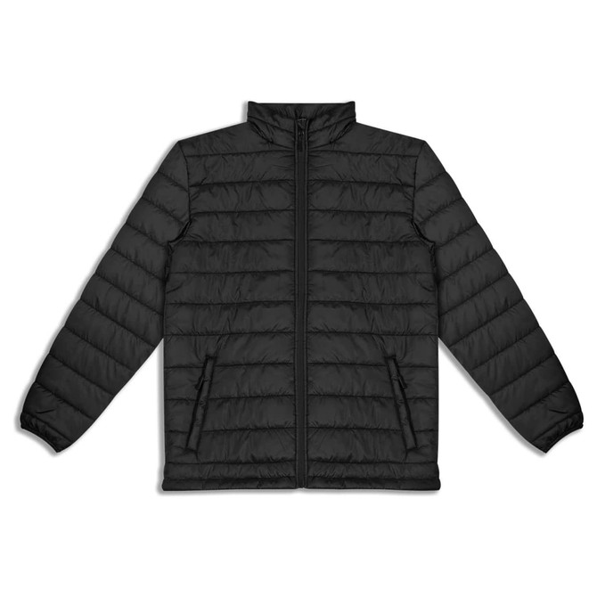 A black unisex puffer jacket featuring a zip front and side pockets, with a logo on it.