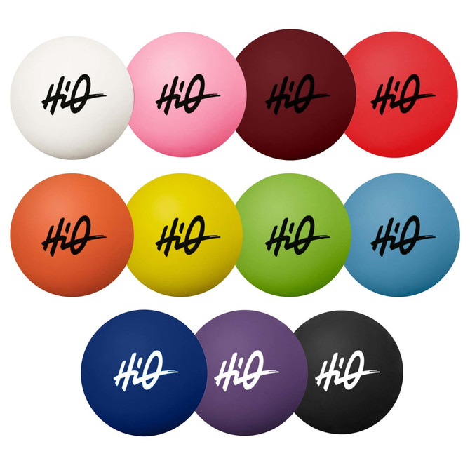 A collection of high bounce balls in various colours, featuring a logo on each ball.