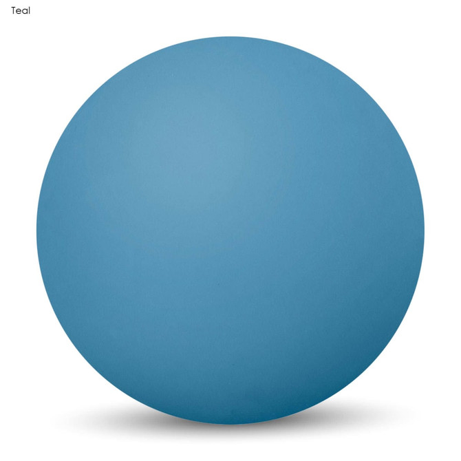 A teal high bounce ball with a smooth surface, featuring a logo on its side.