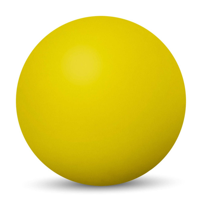 A yellow high bounce ball with a smooth surface, featuring a logo on one side.
